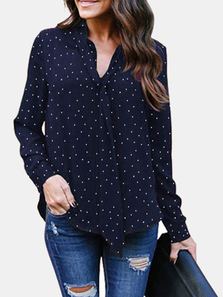 

Dot Printed Long Sleeve Knotted Asymmetrical Blouse For Women, Navy