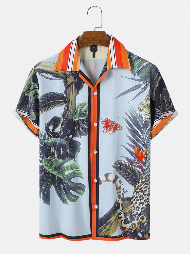 Mens Tropical Animal Print Contrast Trim Short Sleeve Shirts