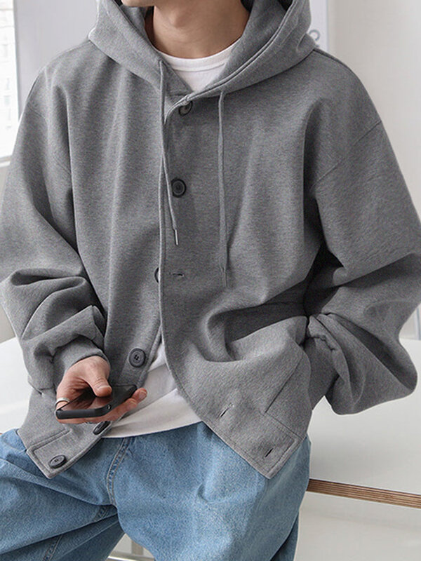 Mens Solid Button Front Casual Hooded Jacket