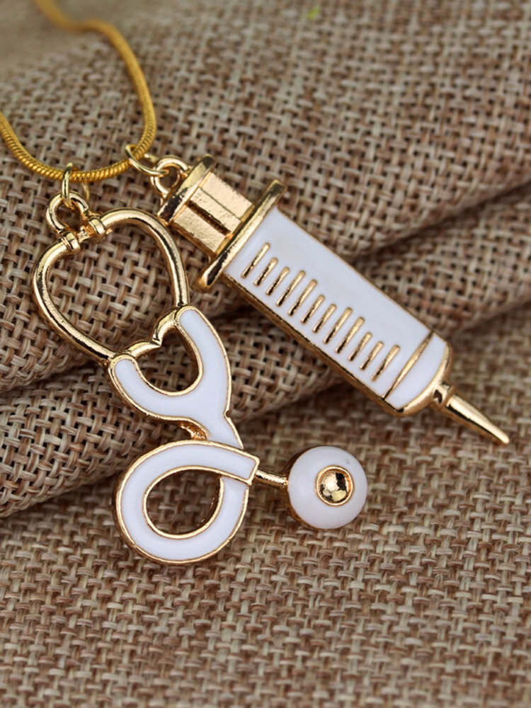Fashion Creative Doctor Syringe Stethoscope Pendant Necklace Zinc Alloy Jewelry Graduation Gift