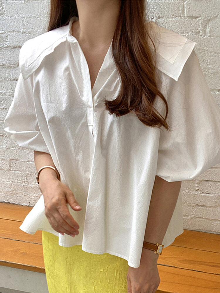 Solid Puff Sleeve Lapel Blouse For Women