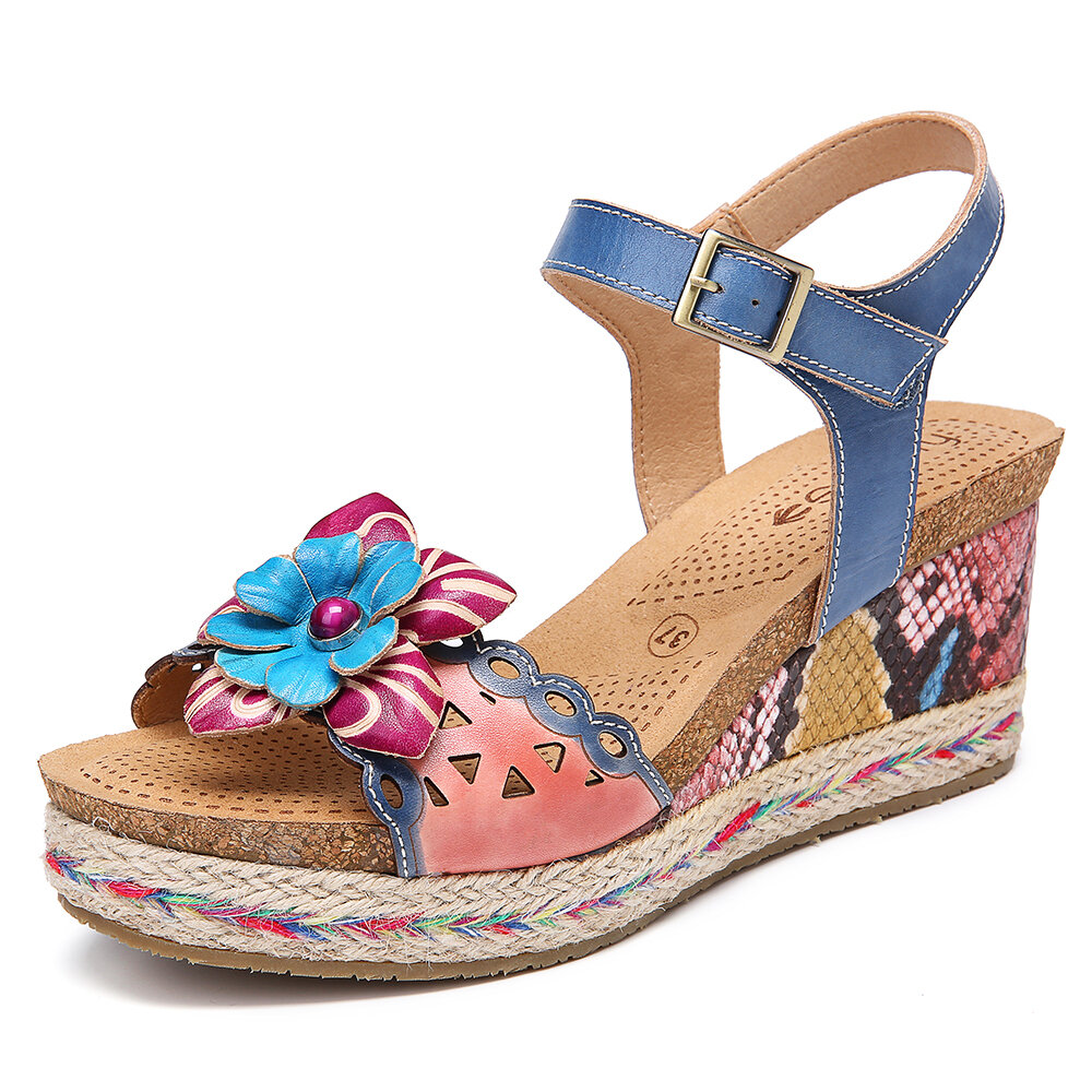 Leather Snakeskin Print Beaded Floral Cutouts Buckle Ankle Strap Wedge Sandals Espadrilles