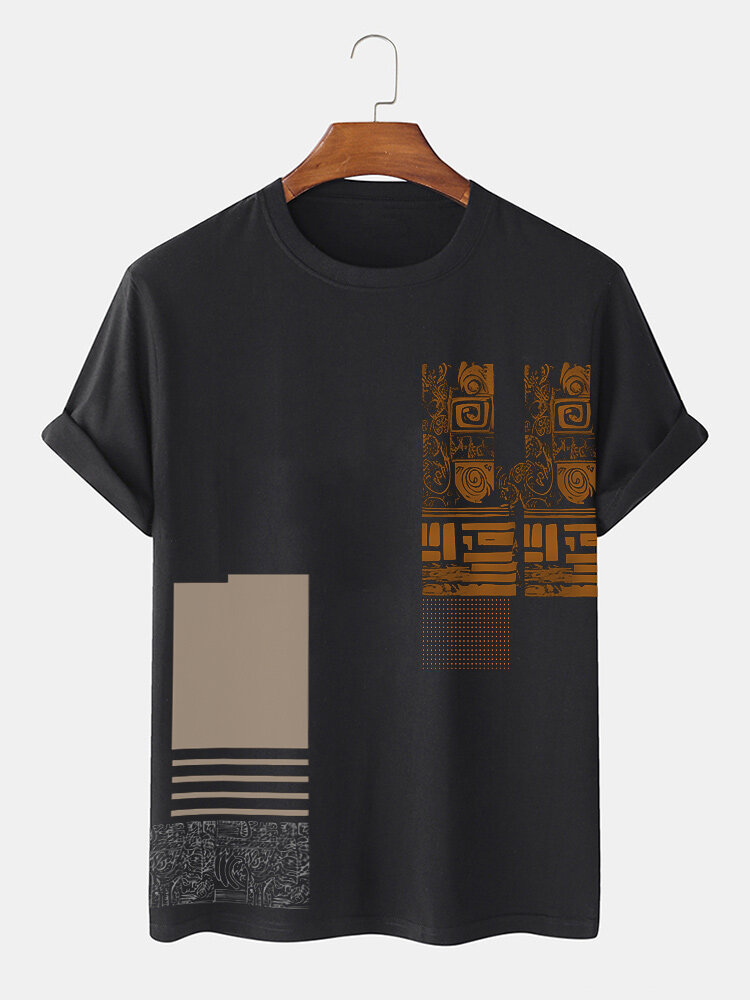 

Mens Ethnic Geometric Mix Print Crew Neck Short Sleeve T-Shirts, Black