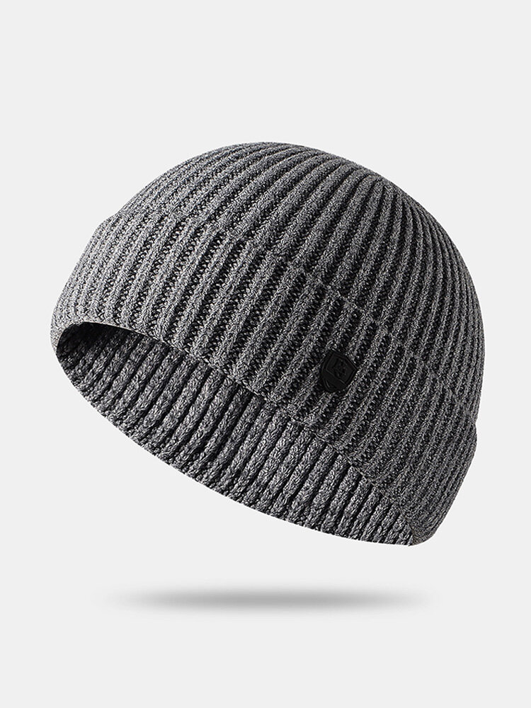 Men Knitted Solid Color Letter Label All-match Warmth Brimless Beanie Landlord Cap Skull Cap