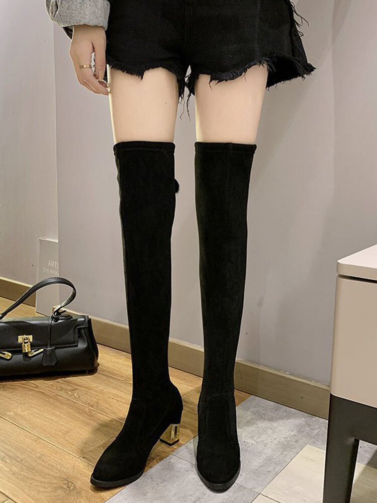 

Large Size Women Fashion Casual Black Suede Comfy Warm Lined Chunky Heel Over The Knee Boots, Black;black (warm lined)