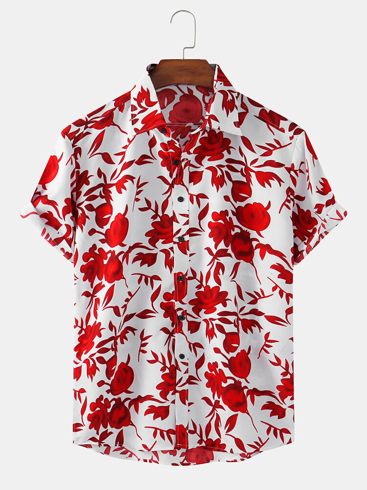 Mens Floral Printed Breathable Casual Short Sleeve Shirts