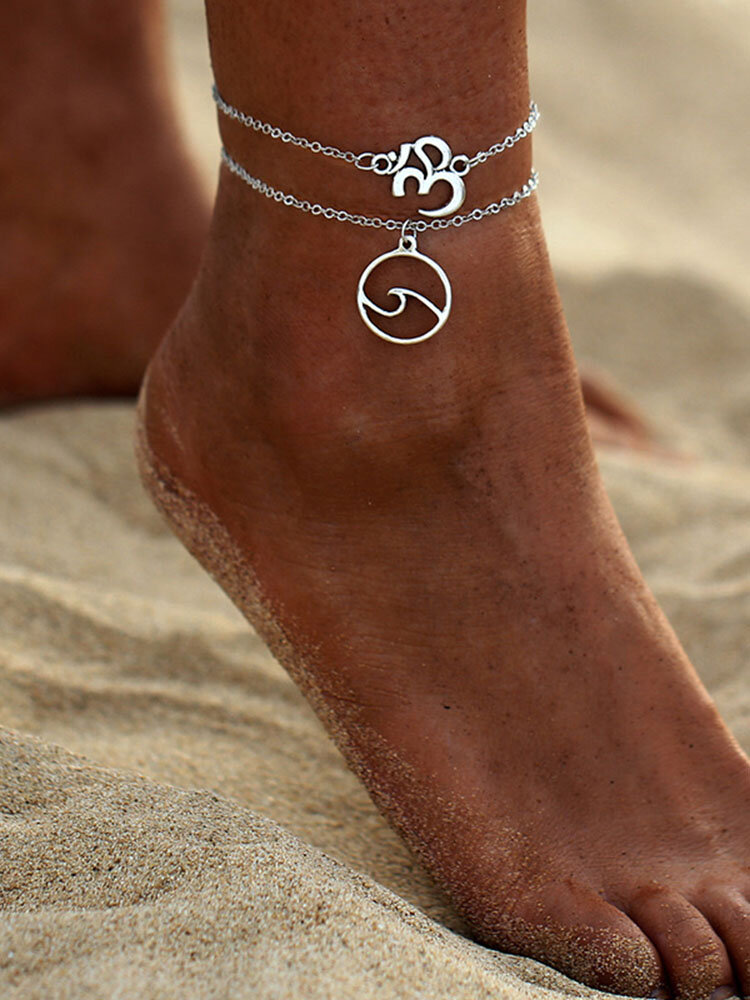 Bohemian Personality Surf Double-layer Silver Anklets Beach Letter 3D Wavy Anklet