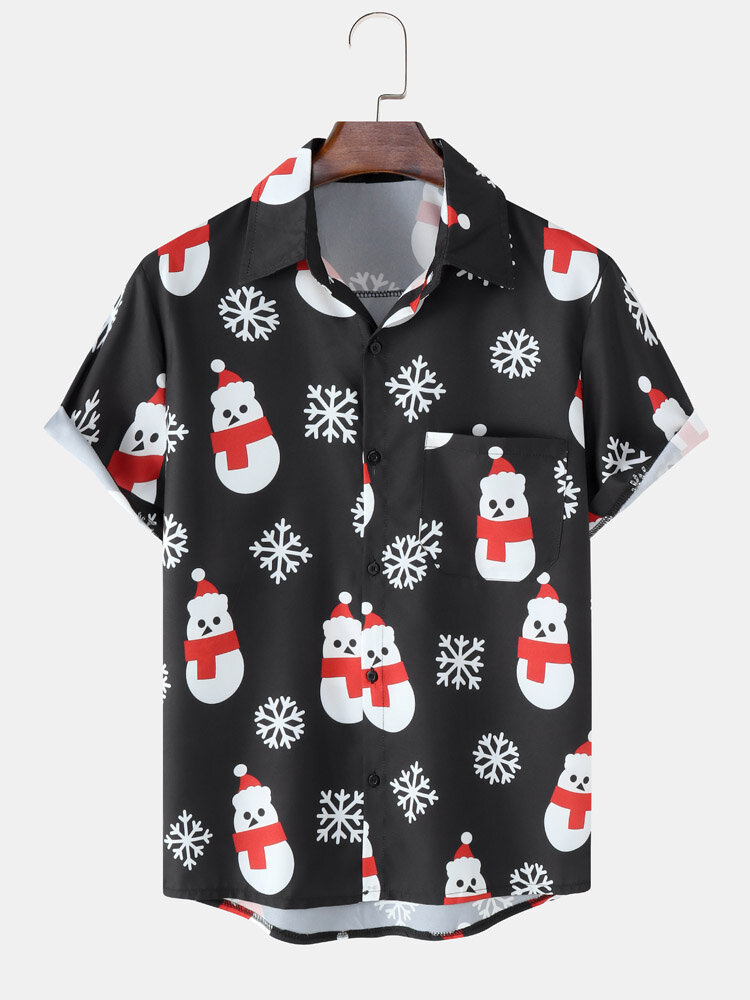 Mens Christmas Snowflake Snowman Print Button Up Casual Short Sleeve Shirts