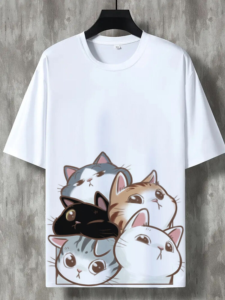 Mens Cute Cartoon Cat Print Crew Neck Short Sleeve T-Shirts Winter
