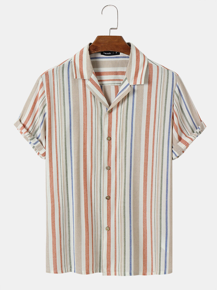 Mens Colorful Striped Revere Collar Daily Short Sleeve Shirts