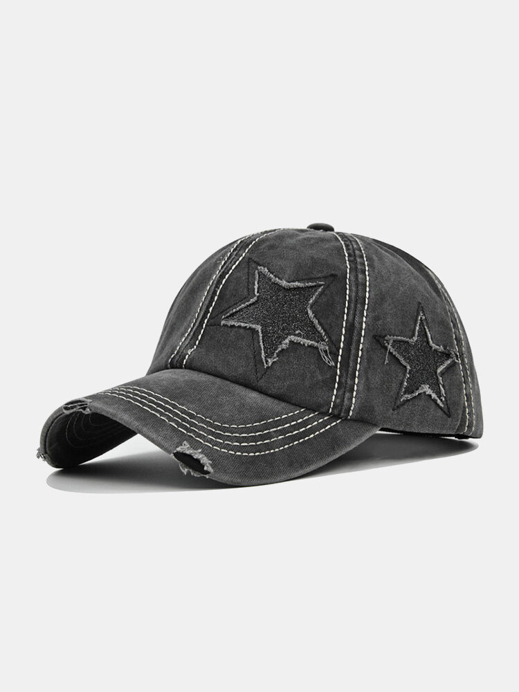 Unisex Cotton Solid Color Five-pointed Star Patch Holes Washed Made-old Baseball Cap
