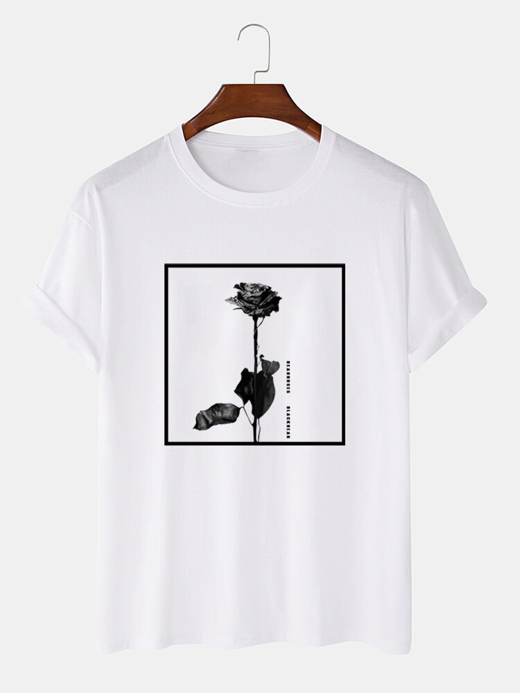 Mens Monochrome Rose Graphic Cotton Short Sleeve T-Shirts