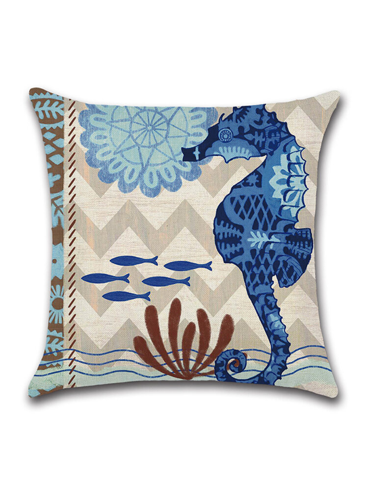 

17.7*17.7" Sea Creature Turtle Fish Sea Horse Square Cotton Linen Cushion Cover Home Decor 4 Styles