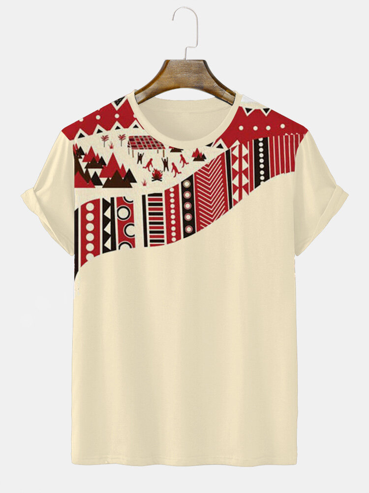 Camisetas masculinas com estampa geométrica étnica com gola redonda e manga curta de inverno