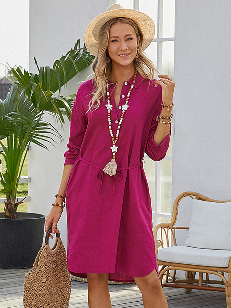 Solid Color Button Pocket Waistband Long Sleeve Casual Dress for Women