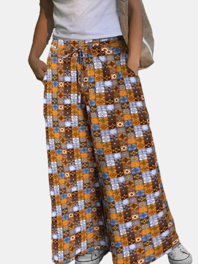 Casual Print Pockets Plus Size Wide Leg Pants with Belt