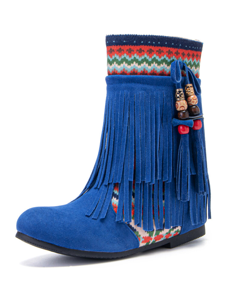 

Women Tassel Boots National Style Splicing Flat Mid-Calf Moccasin Boots, Yellow;black;blue;beige