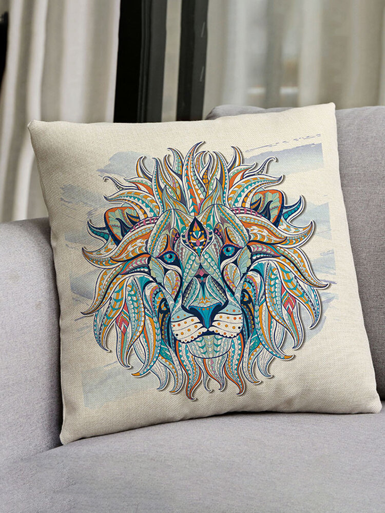 Nordic Watercolor Style Animal Totem Pattern Lion Owl Eagle Linen Cotton Cushion Cover Home Sofa Dec