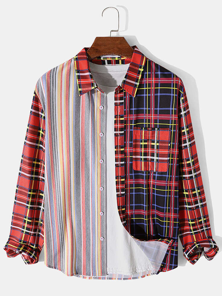 Mens Colorful Striped & Plaid Patchwork Lapel Long Sleeve Shirts