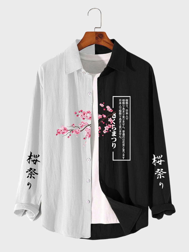 Mens Japanese Cherry Blossoms Print Patchwork Long Sleeve Shirts Winter