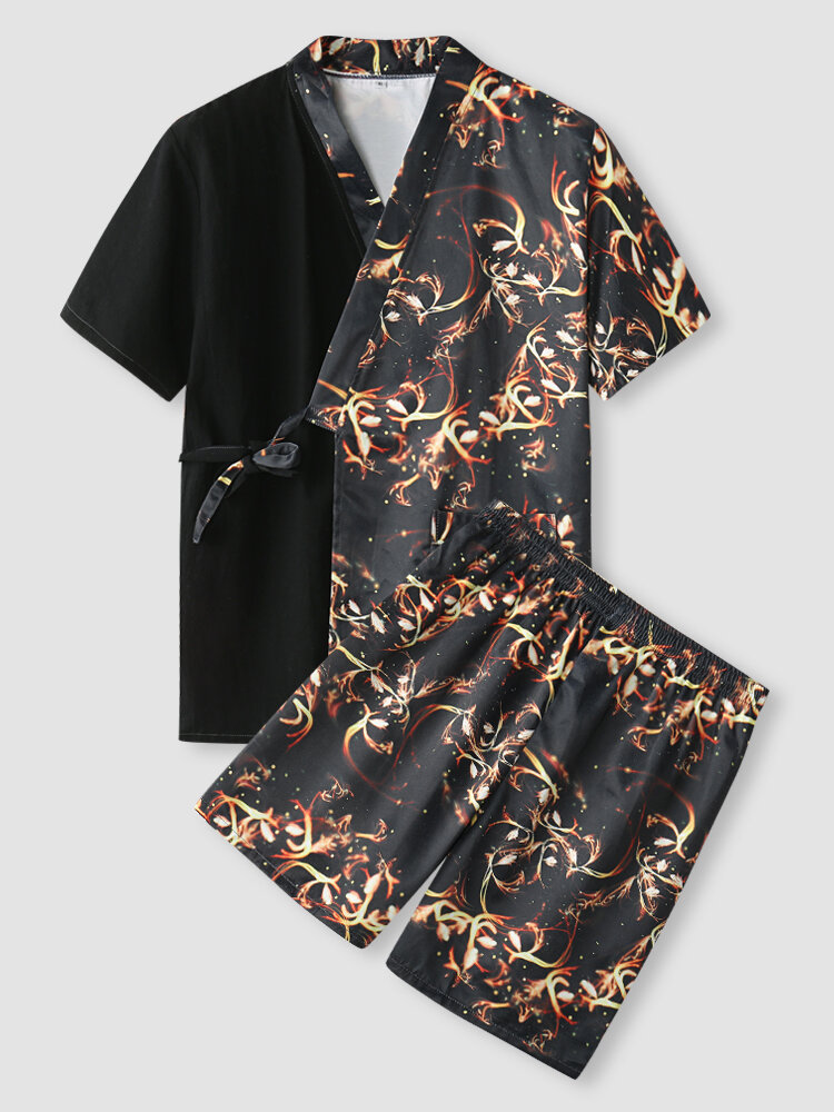 Men Kimono Patchwork Lace Up Short Sleeve Sauna Sweating Sets