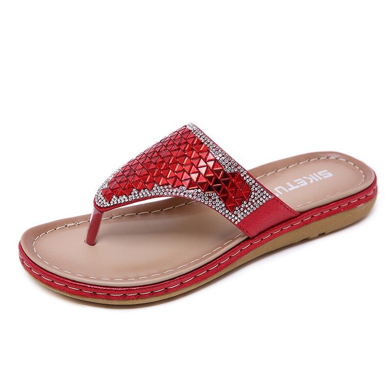 LOSTISY Large Size Sequined Clip Toe Beach Slip On Summer Flat Sandals