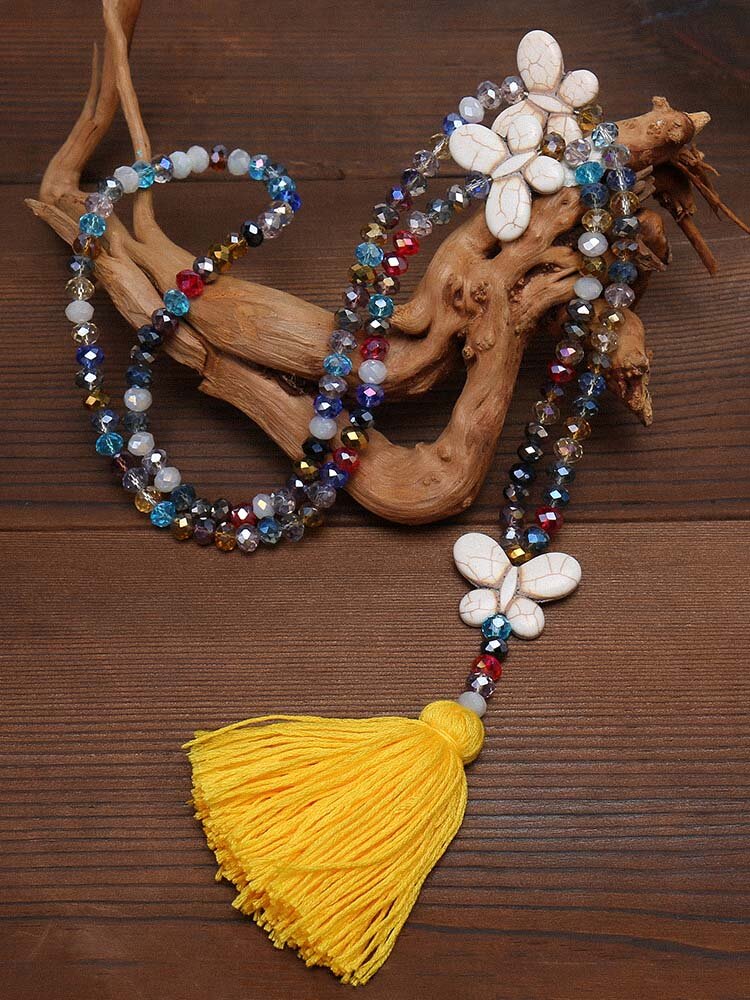 Bohemian Butterfly Tassel Pendant Necklace Ethnic Handmade Transparent Bead Long Necklace