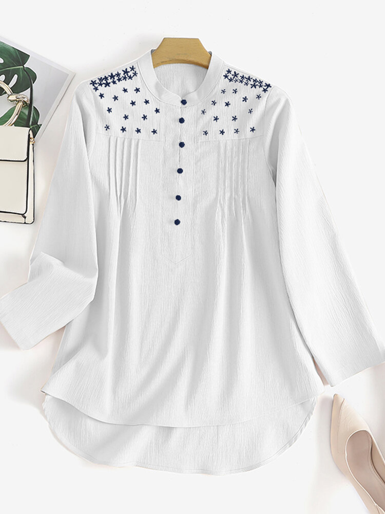 Floral Embroidery Stand Collar Button Long Sleeve Blouse