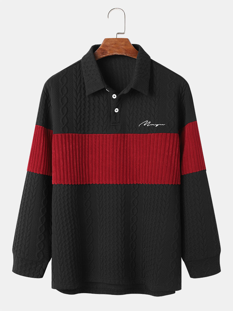 Mens Textured Color Block Patchwork Embroidered Daily Golf Shirts