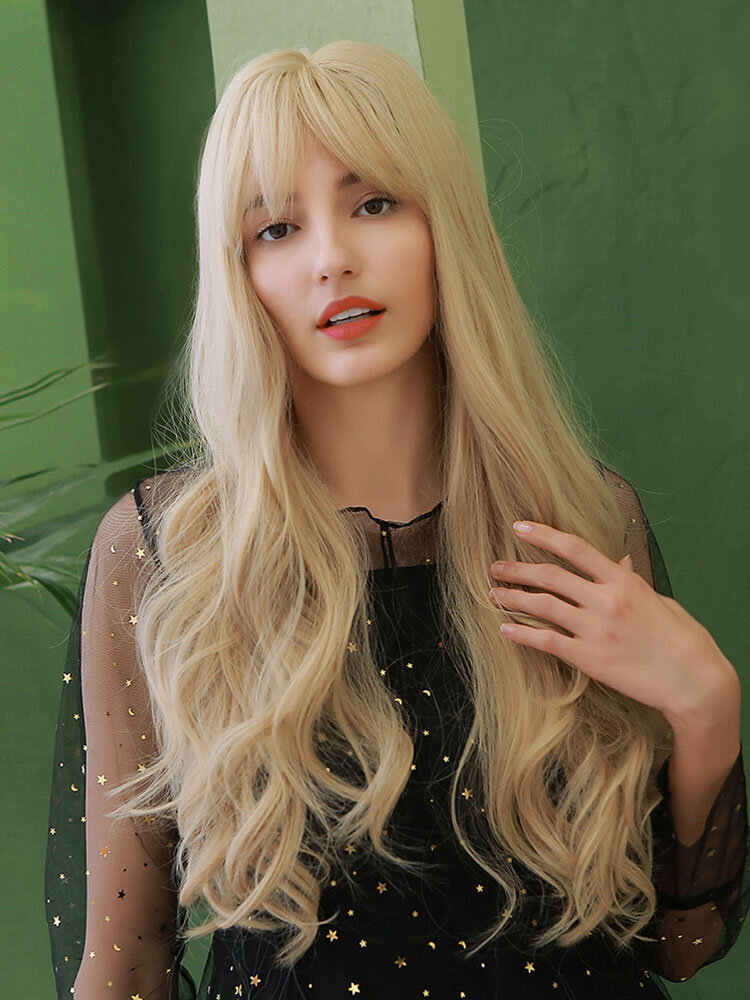 28 Inch Light Gold Long Curly Hair Natural Bangs Fashion Elegant Heat Resistant Fiber Synthetic Wig