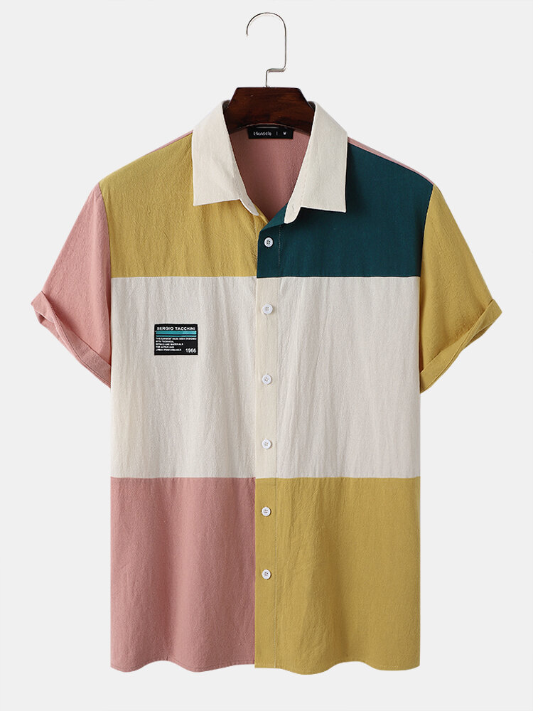 Mens Color Block Stitching Applique Preppy Cotton Short Sleeve Shirts