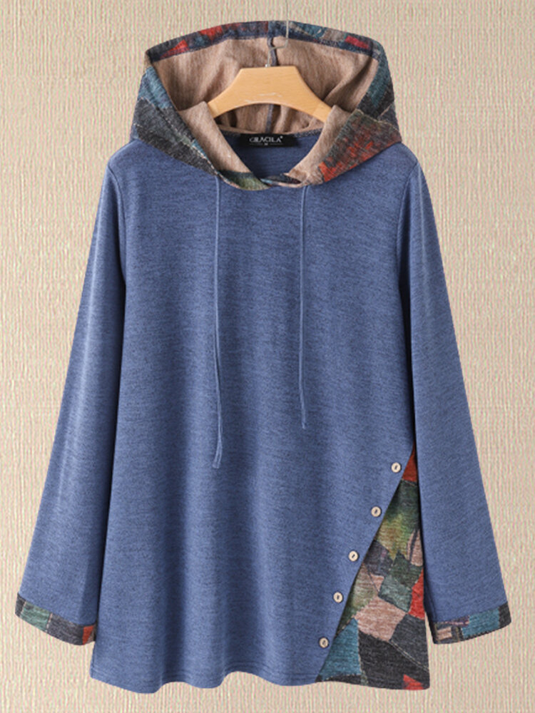 Vintage Printed Long Sleeve Patchwork Button Hoodie For Women