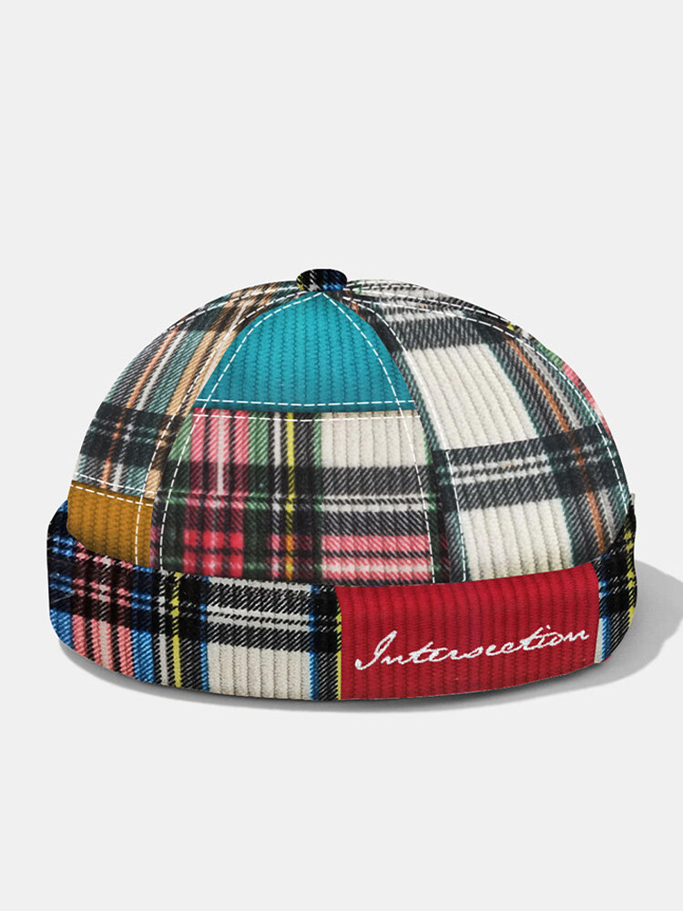 

Unisex Polyester Cotton Color Contrast Lattice Patchwork Letter Embroidery Vintage Brimless Beanie Landlord Cap Skull Ca