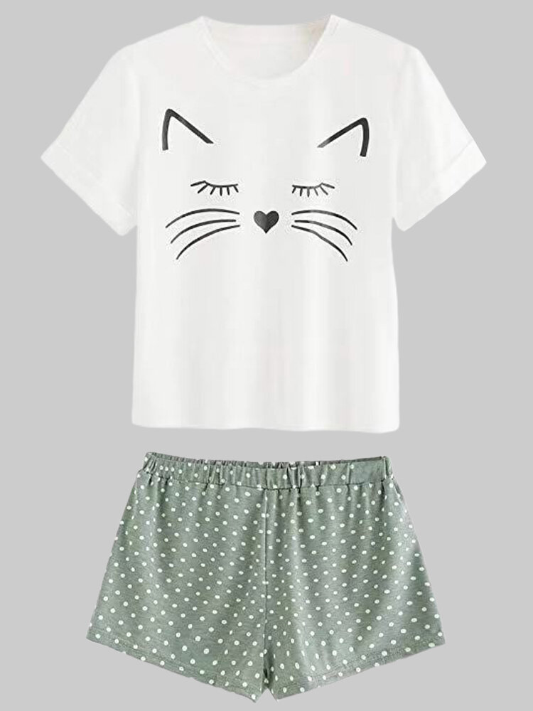 Women Cat Print Short Sleeve Casual Pajamas Women Loose Loungewear