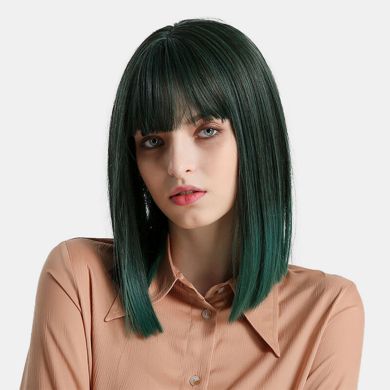 

16 inch Green Short Straight Synthetic Bob Wigs Neat Bangs Fluffy Natural Long Synthetic Wigs