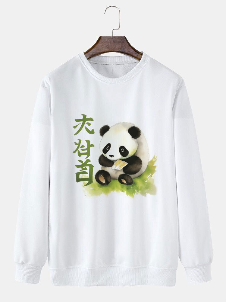 Mens Cute Panda Print Crew Neck Casual Pullover Sweatshirts Winter