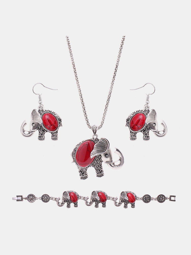 Cute Jewelry Set Elephant Red Turquoise Earrings Necklace Bracelet Set
