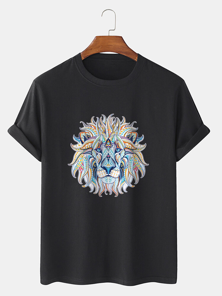 Mens Ethnic Lion Head Print Short Sleeve Cotton T-Shirts