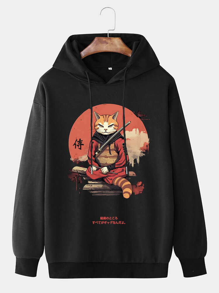 Mens Japanese Warrior Cat Print Long Sleeve Drawstring Hoodies Winter