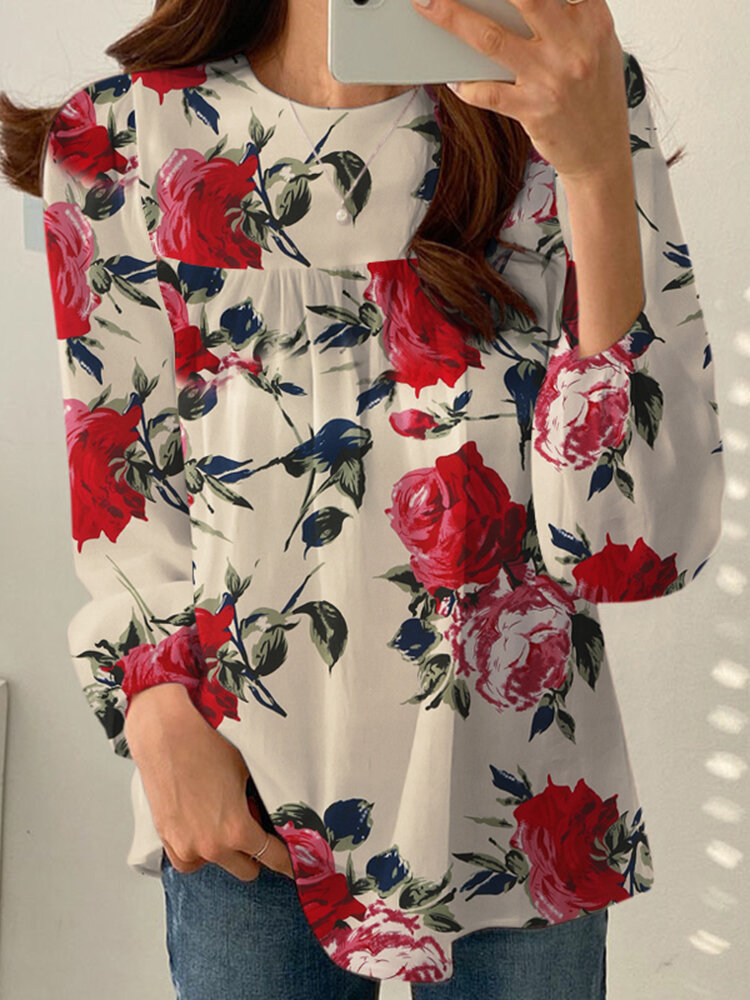 Women Allover Floral Print Crew Neck Casual Long Sleeve Blouse