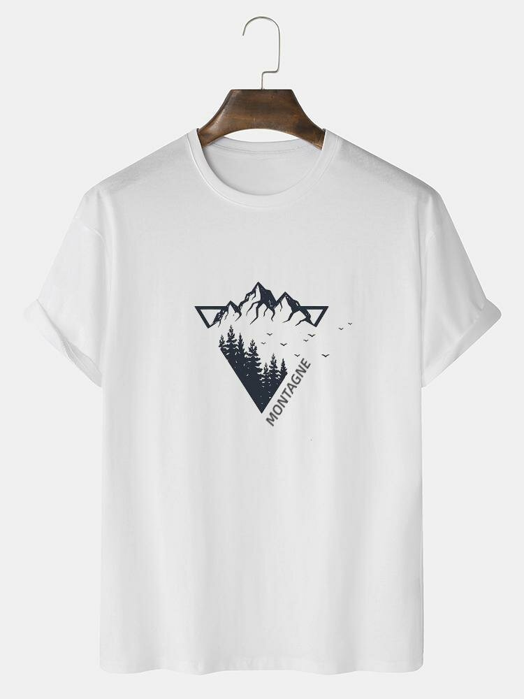 Mens 100% Cotton Letter & Mountain Pattern Short Sleeve T-Shirt