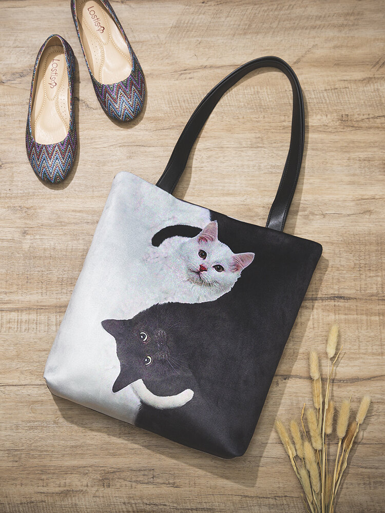 Women Black White Cats Pattern Print Shoulder Bag Handbag Tote