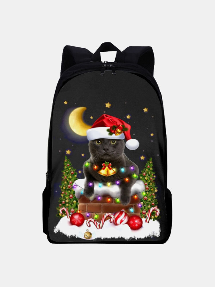 Women Men Christmas Cat Lantern Pattern Printing Backpack