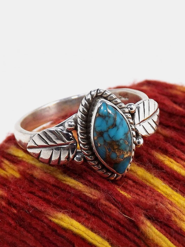 Vintage Alloy Turquoise Leaves-shape Ring For Women
