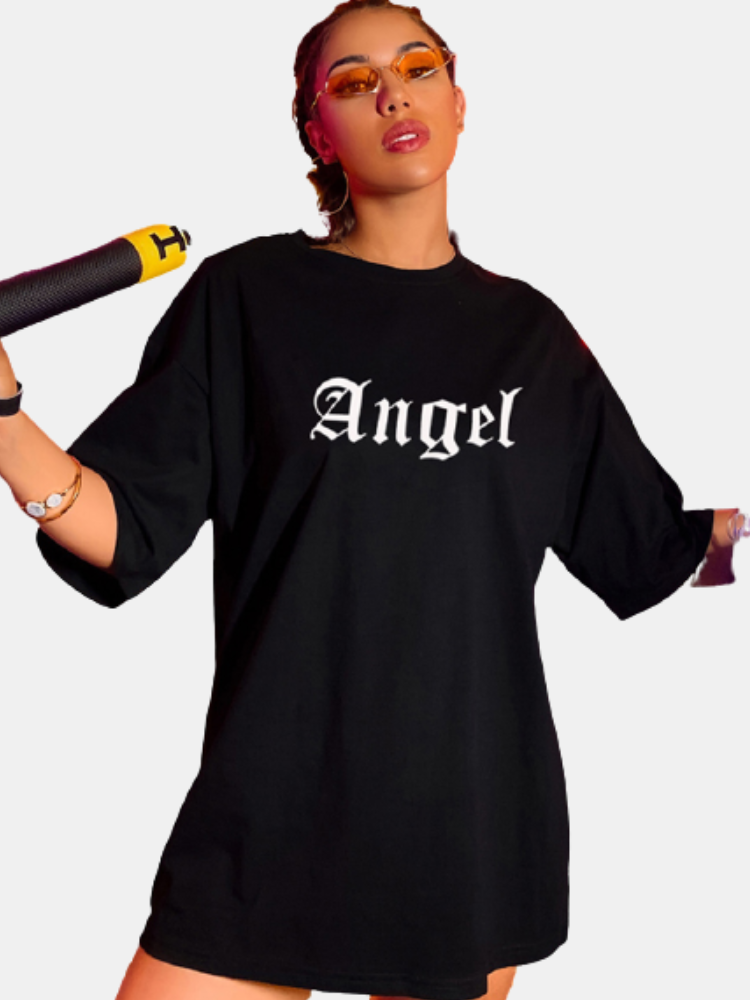 Angle Letter  Print O-neck Short Sleeve Plus Size Cotton T-shirt