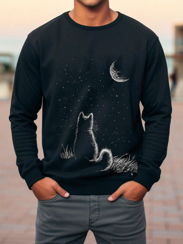ChArmkpR Mens Cat Moon Starry Sky Print Crew Neck Pullover Sweatshirts Winter