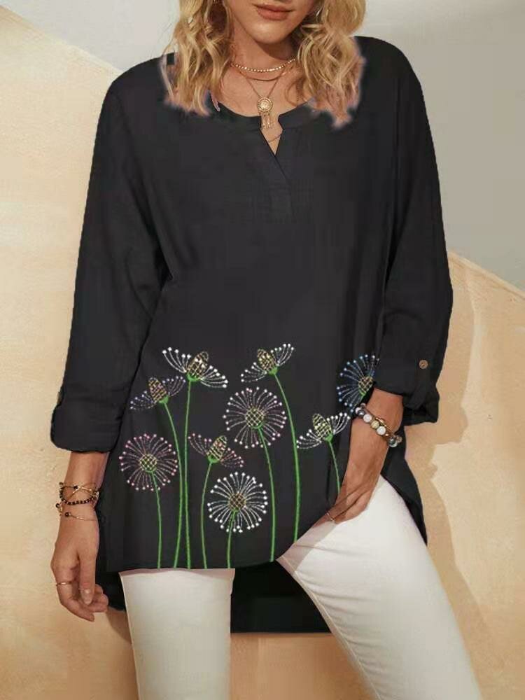 Embroidery Flower V-neck Long Sleeve Casual Blouse For Women