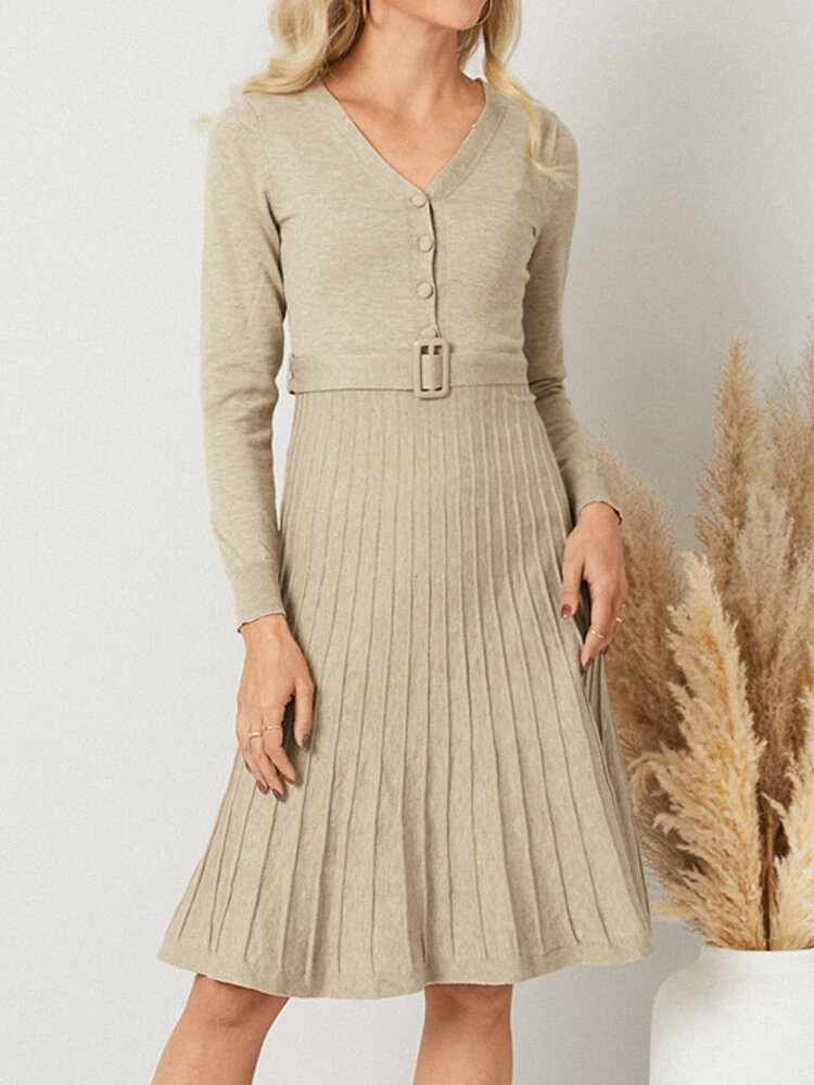 Solid Button Comfy Pleated V-neck Casual Sweater Knit Dress