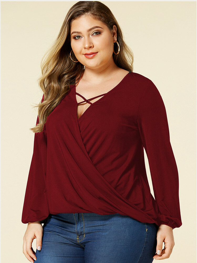 Casual Solid Color V-neck Elastic Sleeve Plus Size Blouse for Women