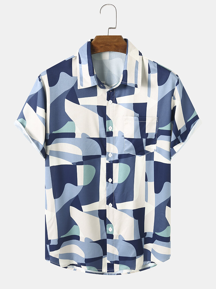 Mens Abstract Colorblock Print Lapel Chest Pocket Casual Short Sleeve Shirts